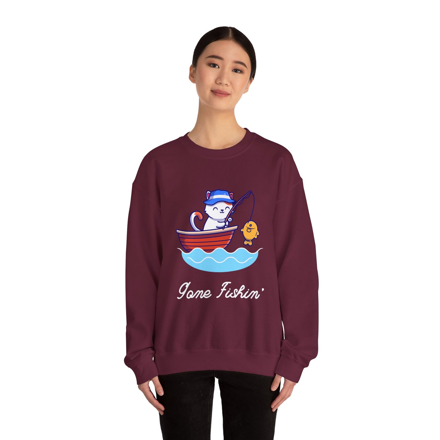 Gone Fishing Sweatshirt – Cat in Boat Crew Neck for Cat Lovers