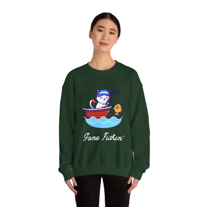 Gone Fishing Sweatshirt – Cat in Boat Crew Neck for Cat Lovers