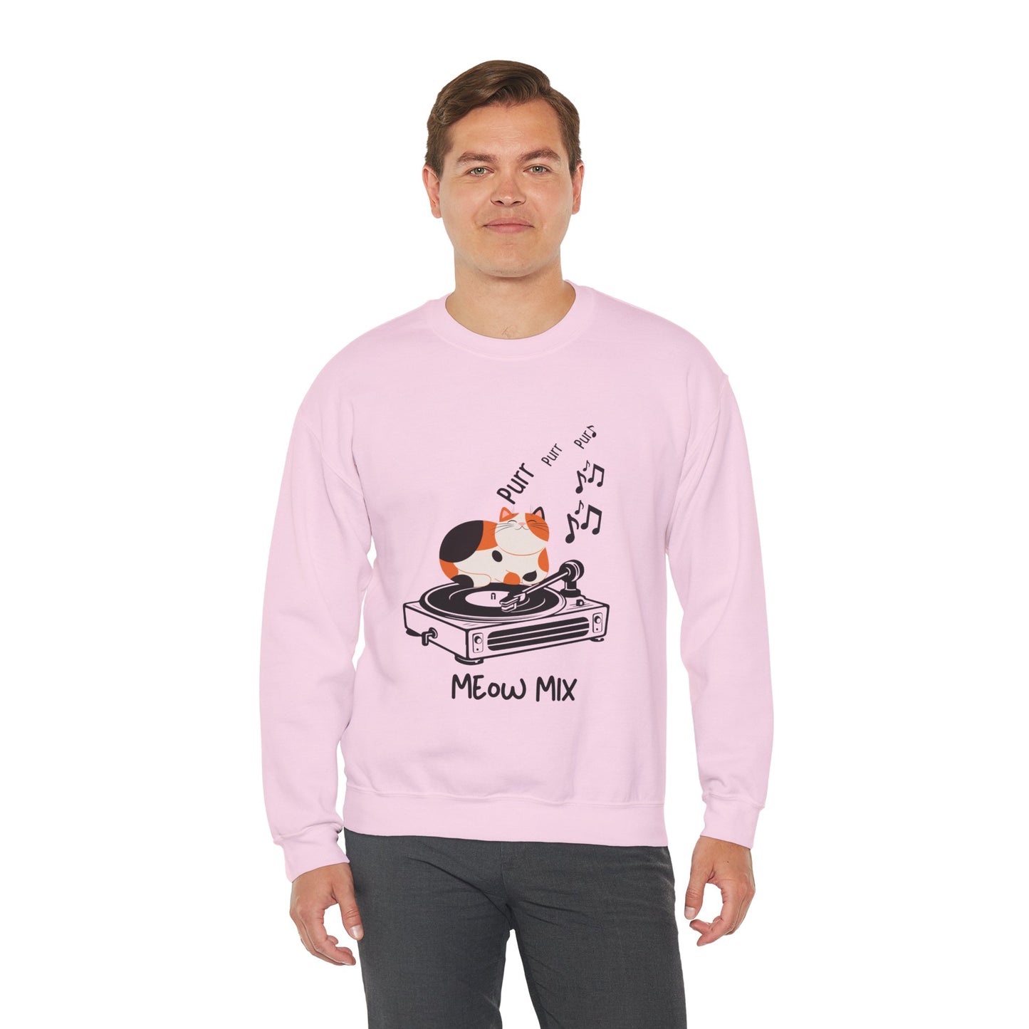 Meow Mix Sweatshirt – Cat on Record Player Crew Neck