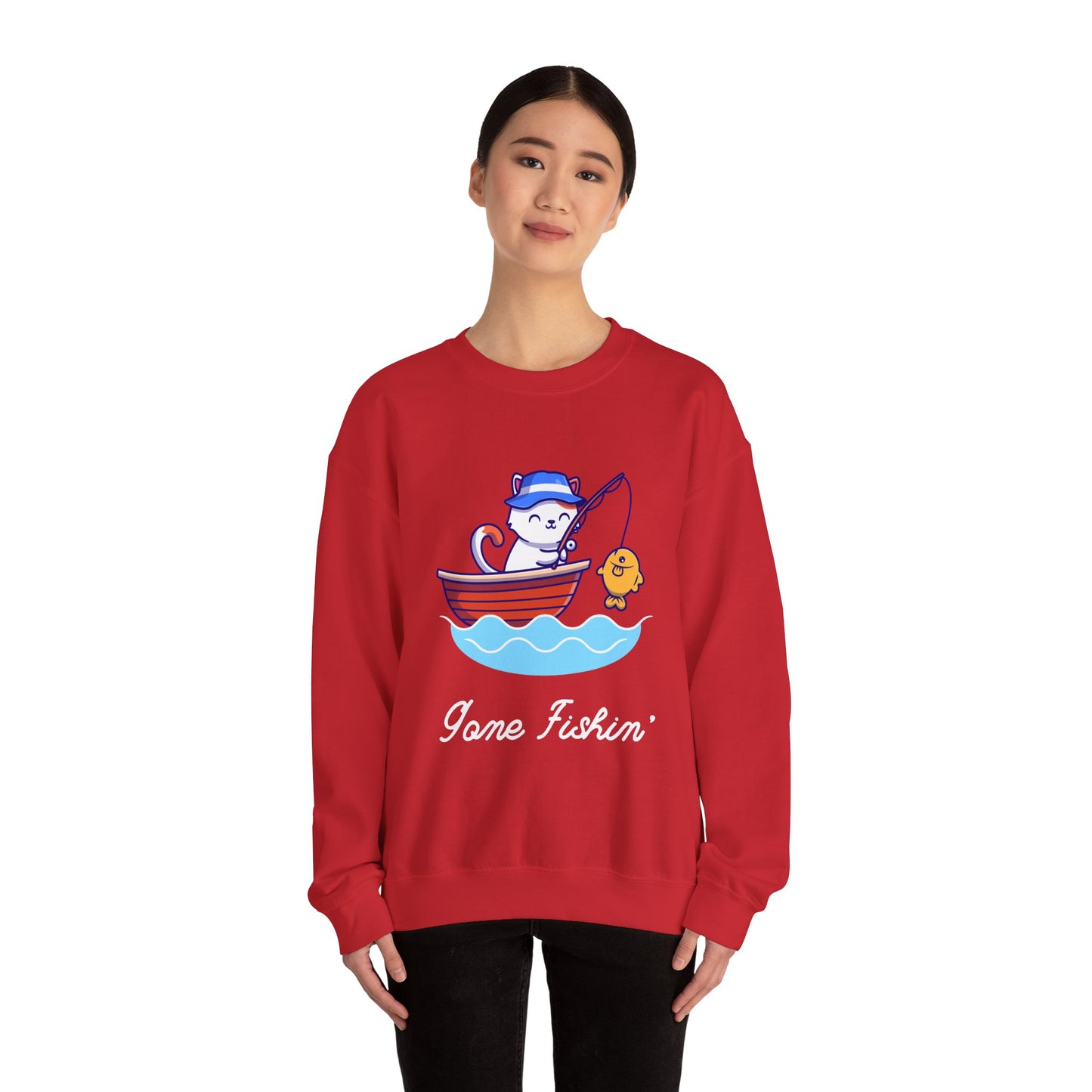 Gone Fishing Sweatshirt – Cat in Boat Crew Neck for Cat Lovers