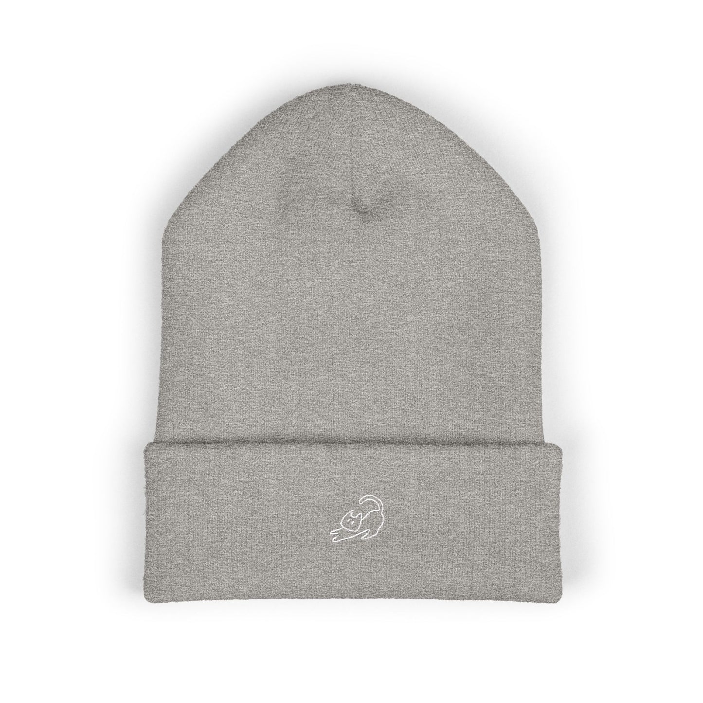 Stretching Cat Beanie – Embroidered Cuffed Knit Hat