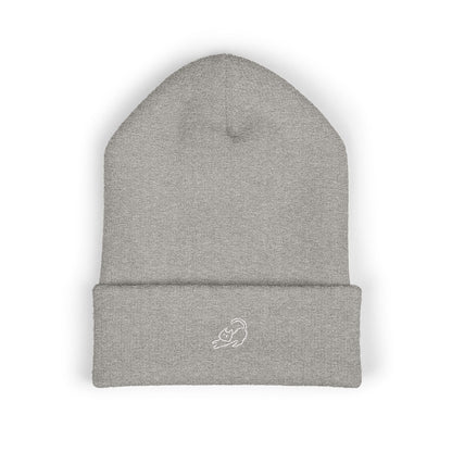 Stretching Cat Beanie – Embroidered Cuffed Knit Hat