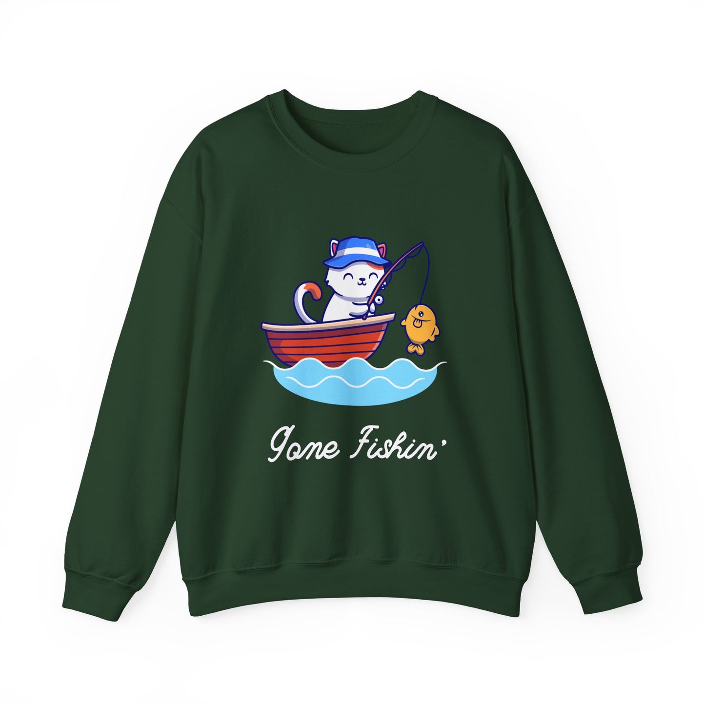 Gone Fishing Sweatshirt – Cat in Boat Crew Neck for Cat Lovers
