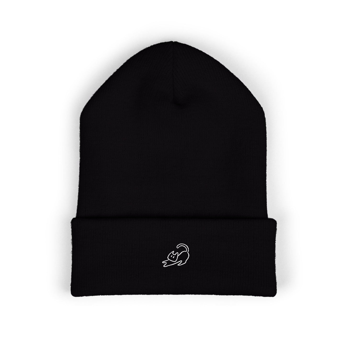 Stretching Cat Beanie – Embroidered Cuffed Knit Hat