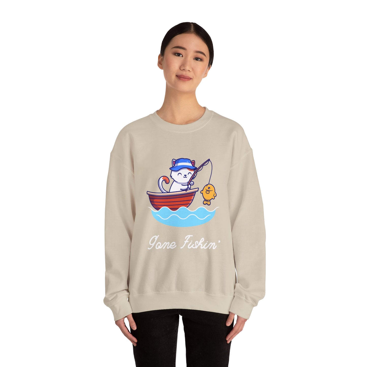 Gone Fishing Sweatshirt – Cat in Boat Crew Neck for Cat Lovers