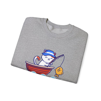 Gone Fishing Sweatshirt – Cat in Boat Crew Neck for Cat Lovers