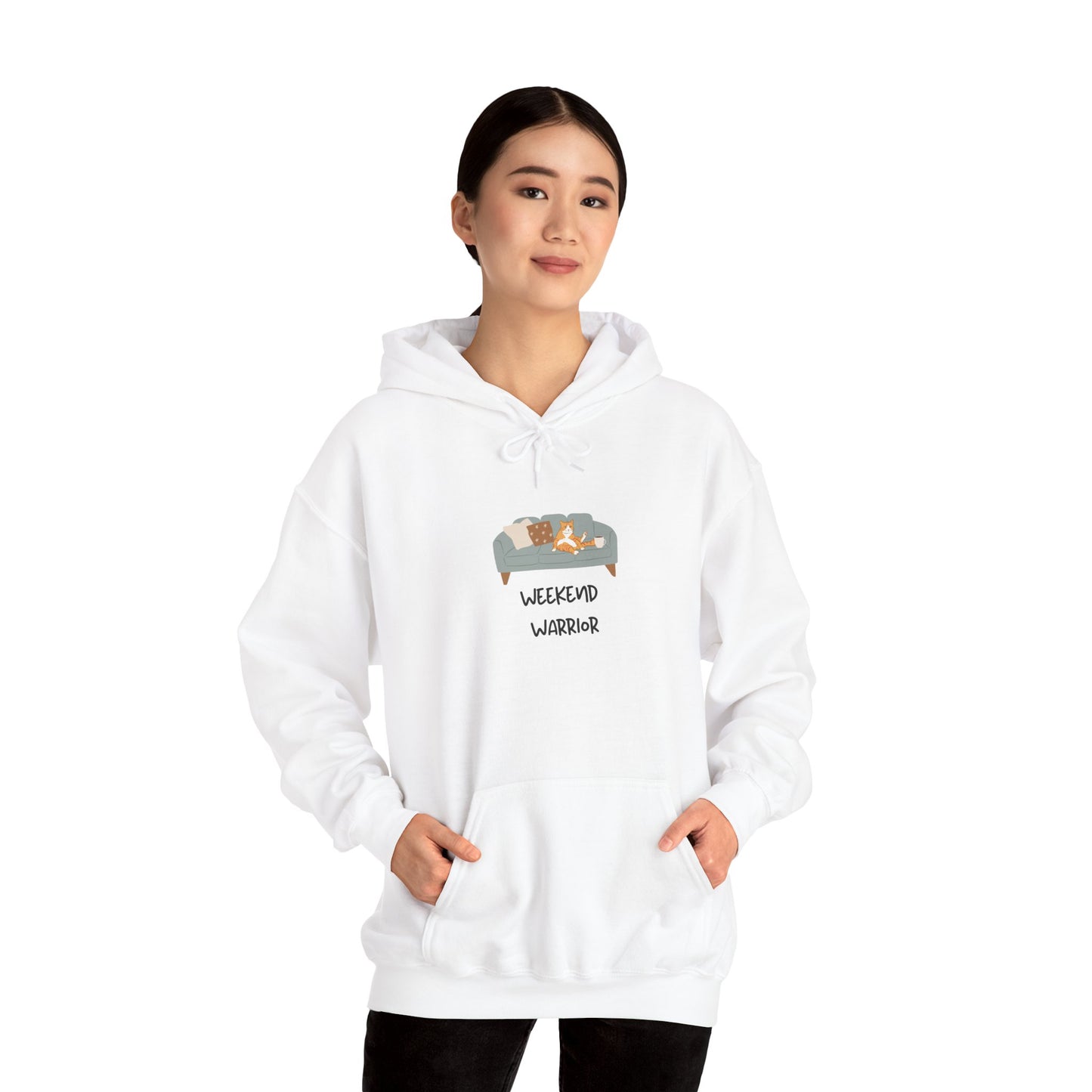 Weekend Warrior Hoodie – Lounging Cat Couch Graphic Sweatshirt