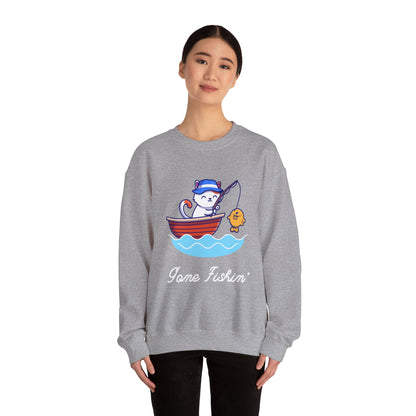 Gone Fishing Sweatshirt – Cat in Boat Crew Neck for Cat Lovers