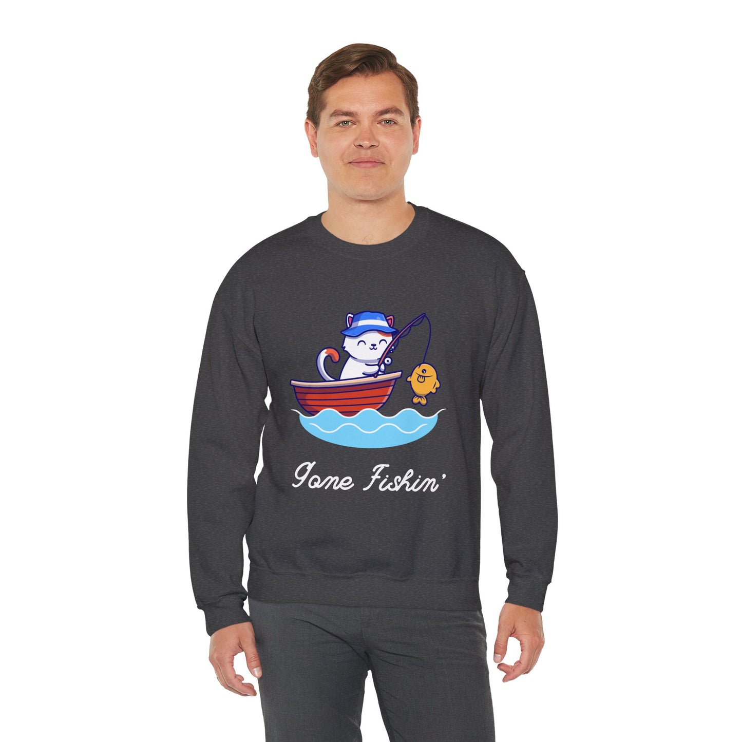 Gone Fishing Sweatshirt – Cat in Boat Crew Neck for Cat Lovers