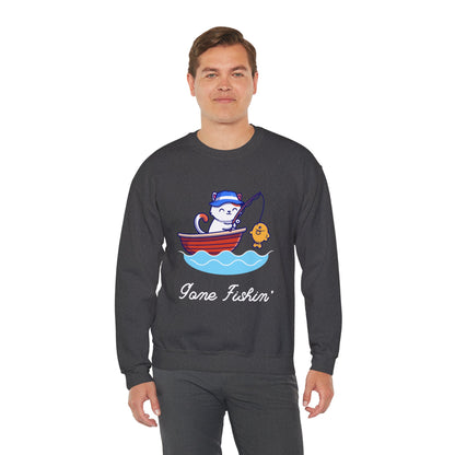 Gone Fishing Sweatshirt – Cat in Boat Crew Neck for Cat Lovers