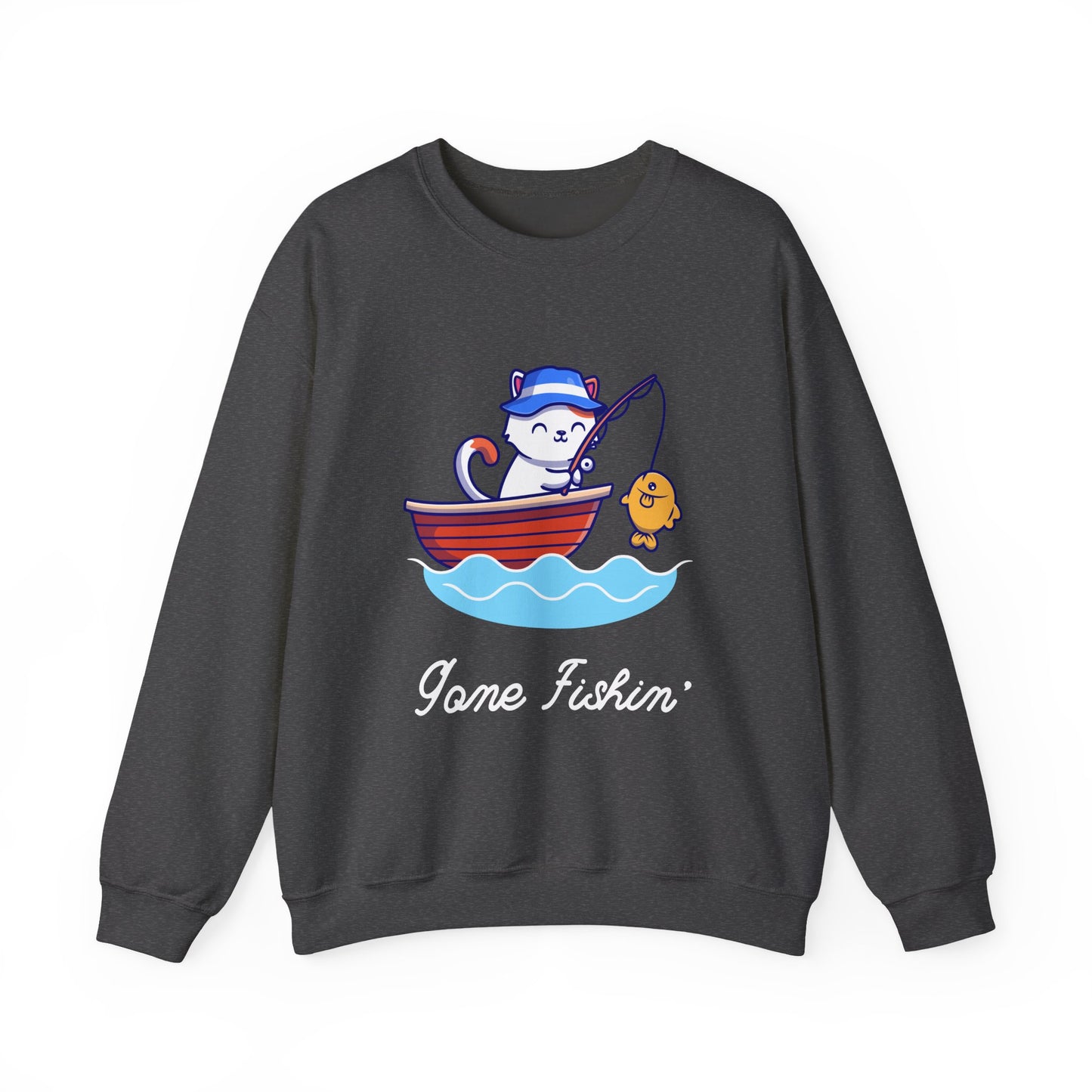 Gone Fishing Sweatshirt – Cat in Boat Crew Neck for Cat Lovers