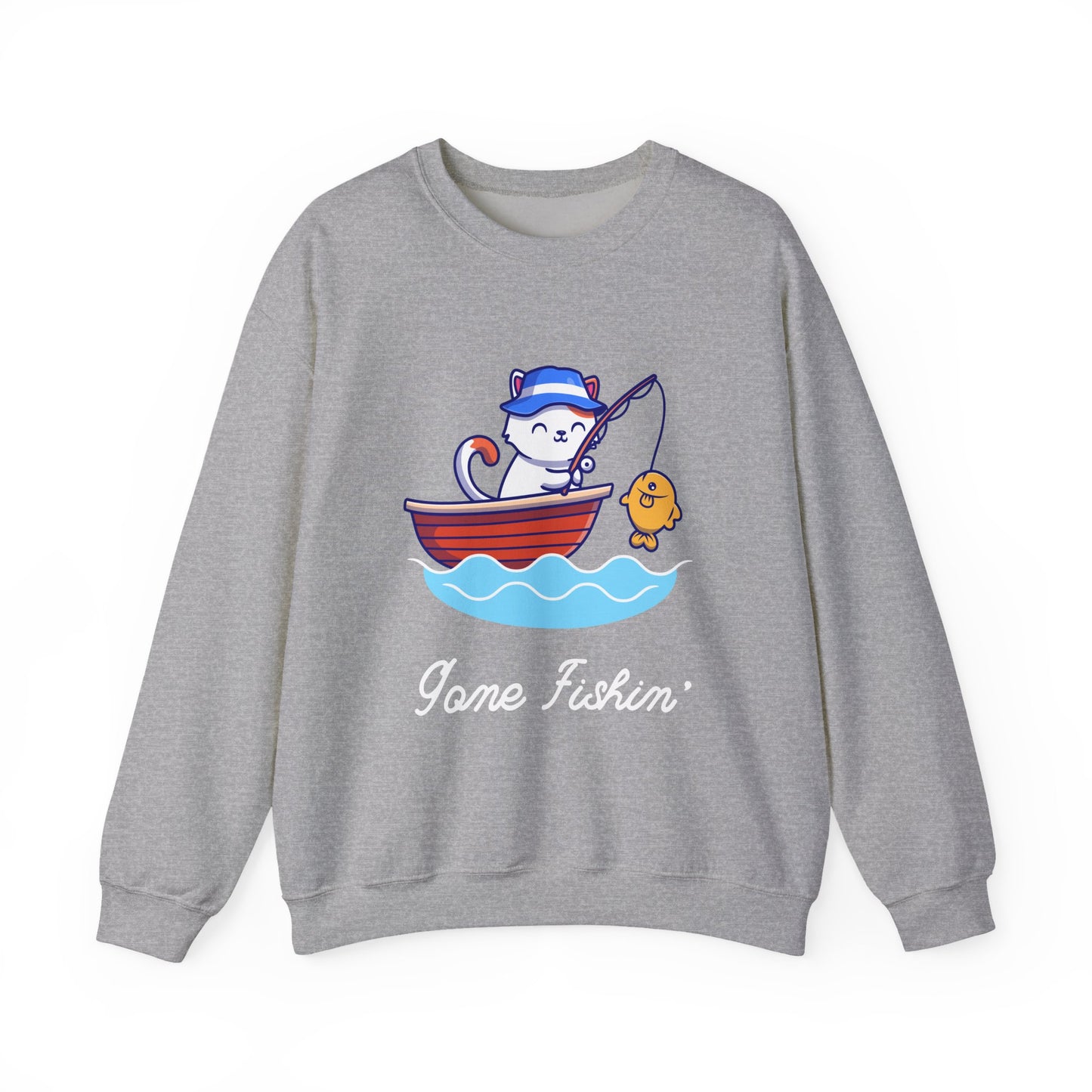 Gone Fishing Sweatshirt – Cat in Boat Crew Neck for Cat Lovers