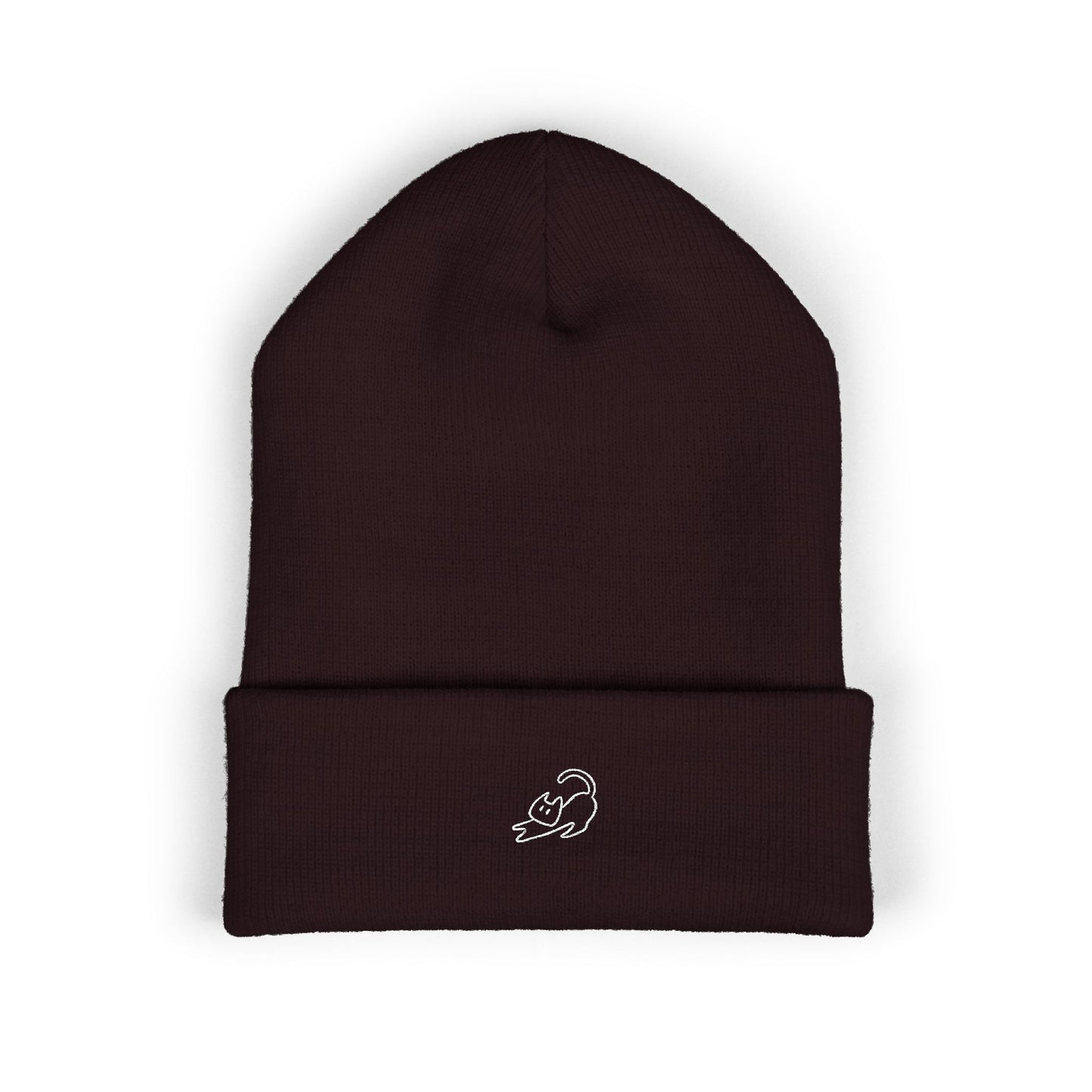 Stretching Cat Beanie – Embroidered Cuffed Knit Hat