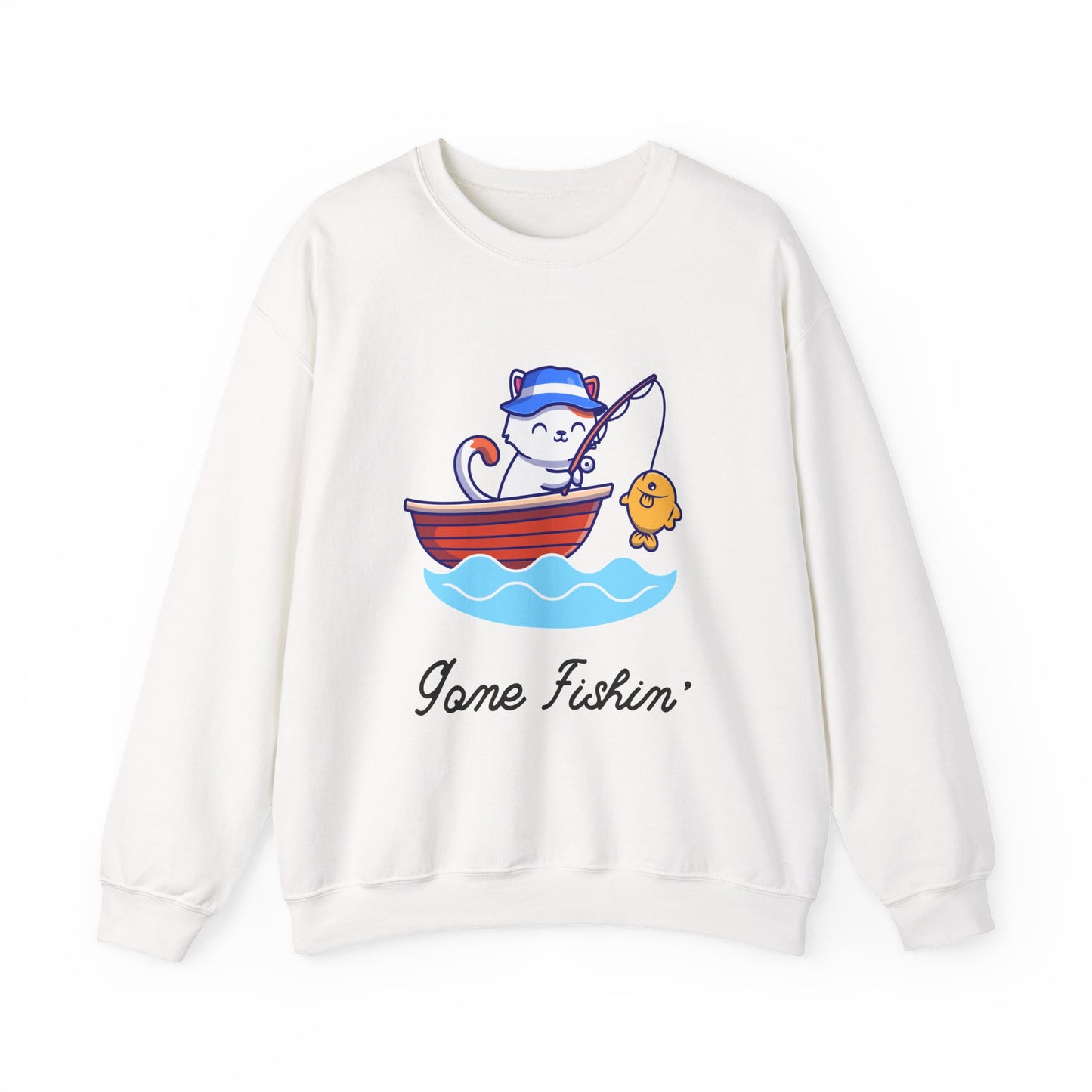 Gone Fishing Sweatshirt – Cat in Boat Crew Neck for Cat Lovers