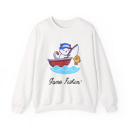Gone Fishing Sweatshirt – Cat in Boat Crew Neck for Cat Lovers