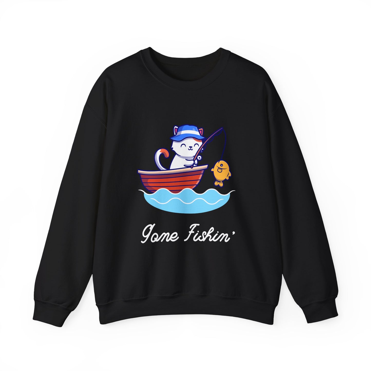 Gone Fishing Sweatshirt – Cat in Boat Crew Neck for Cat Lovers