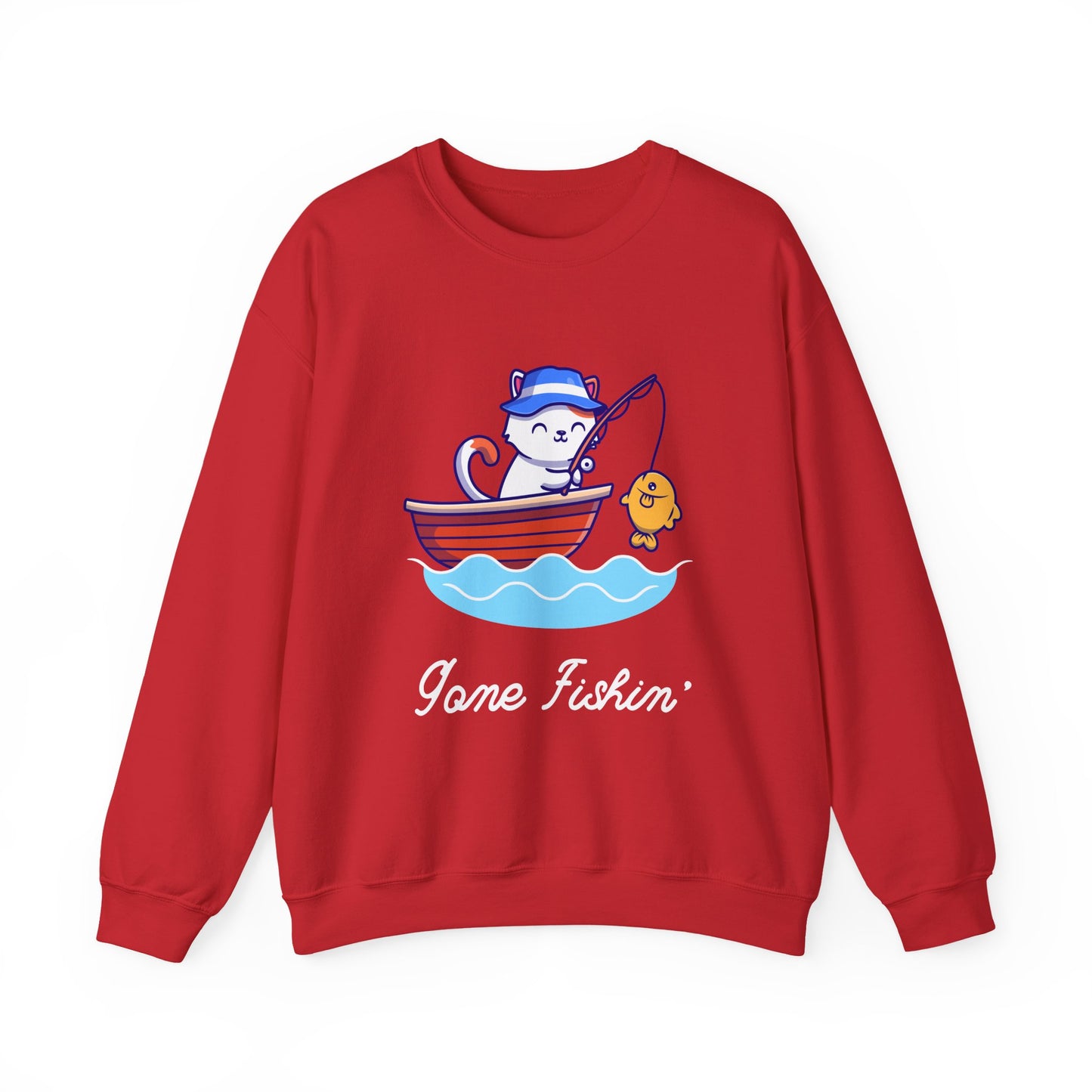 Gone Fishing Sweatshirt – Cat in Boat Crew Neck for Cat Lovers