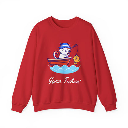 Gone Fishing Sweatshirt – Cat in Boat Crew Neck for Cat Lovers