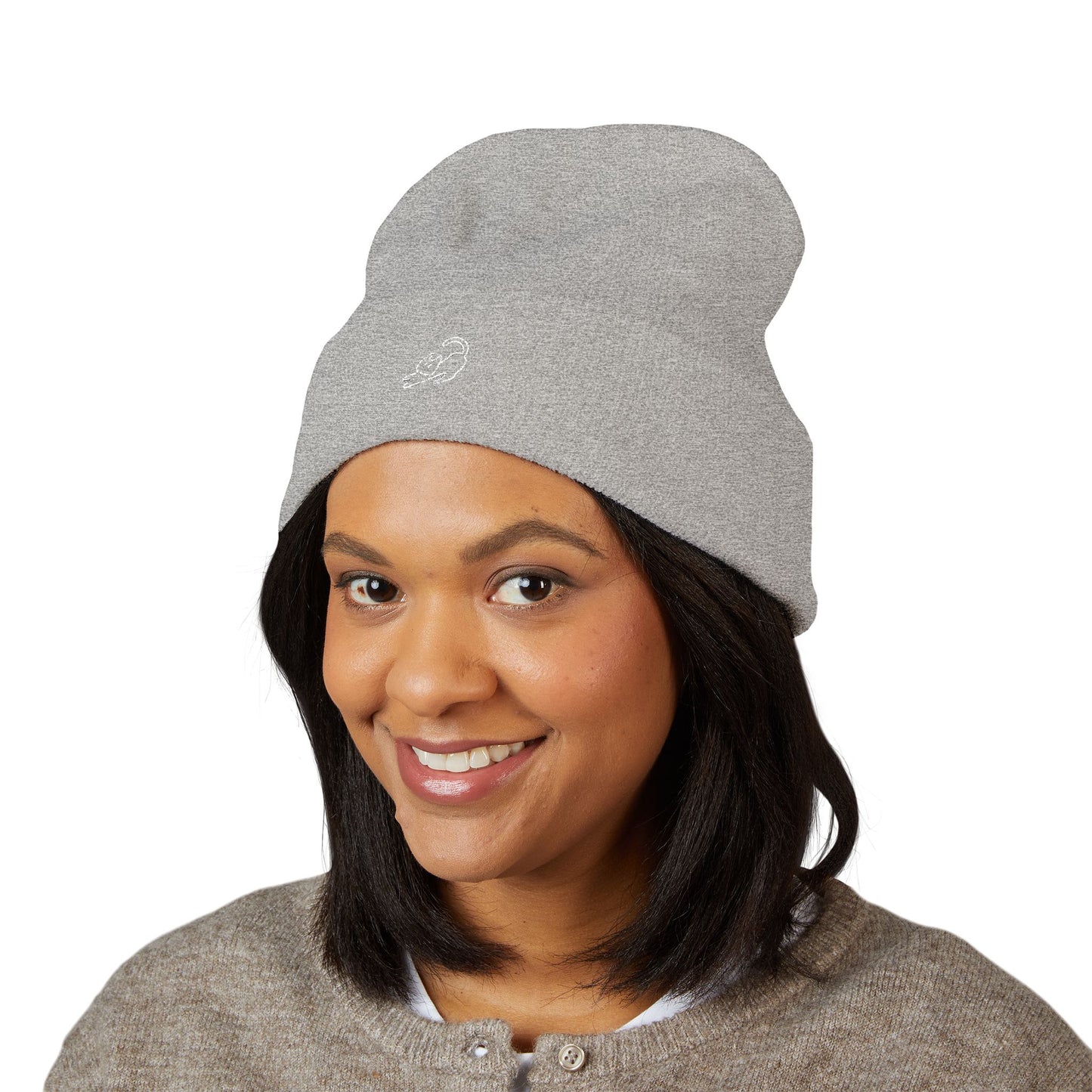 Stretching Cat Beanie – Embroidered Cuffed Knit Hat