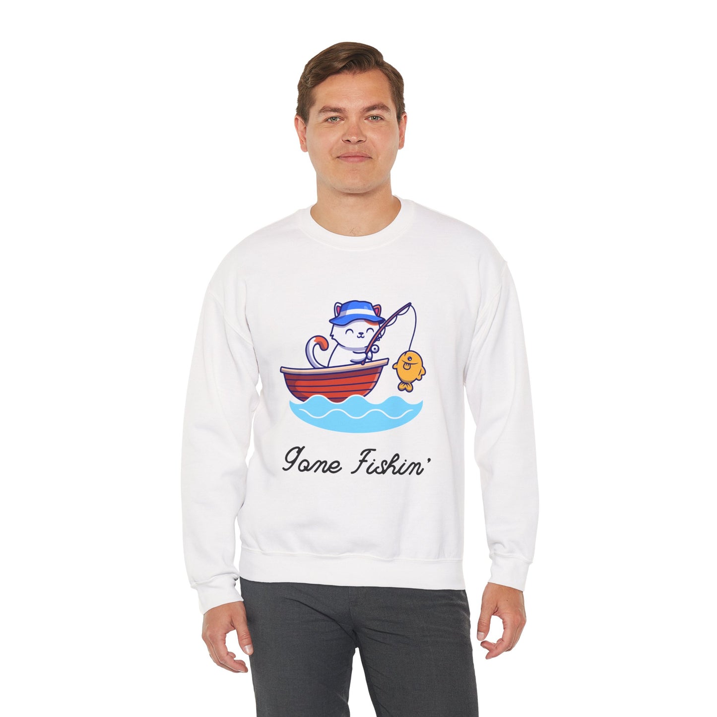 Gone Fishing Sweatshirt – Cat in Boat Crew Neck for Cat Lovers