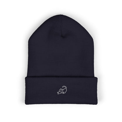 Stretching Cat Beanie – Embroidered Cuffed Knit Hat