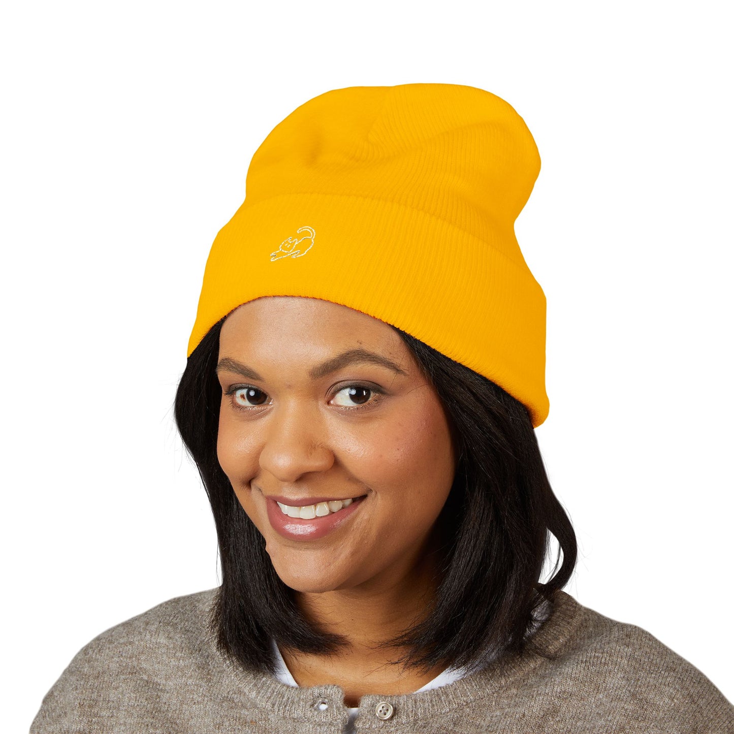 Stretching Cat Beanie – Embroidered Cuffed Knit Hat