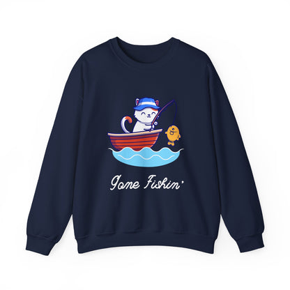 Gone Fishing Sweatshirt – Cat in Boat Crew Neck for Cat Lovers