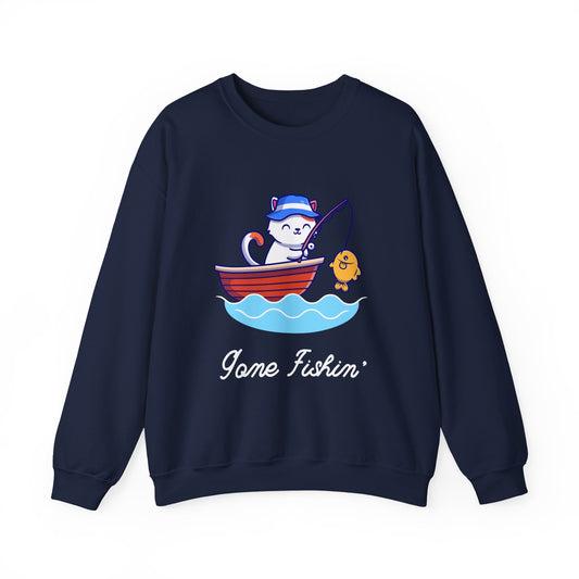 Gone Fishing Sweatshirt – Cat in Boat Crew Neck for Cat Lovers