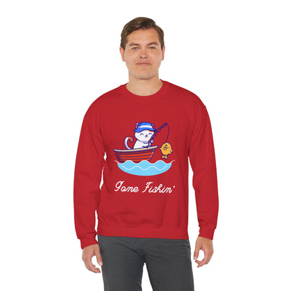 Gone Fishing Sweatshirt – Cat in Boat Crew Neck for Cat Lovers