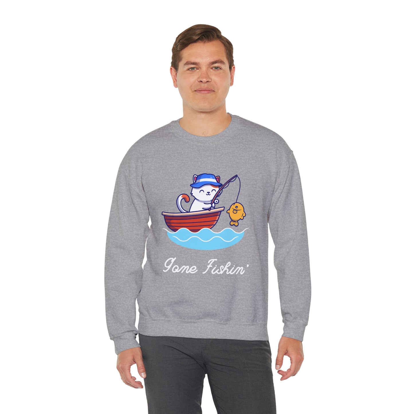 Gone Fishing Sweatshirt – Cat in Boat Crew Neck for Cat Lovers