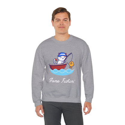 Gone Fishing Sweatshirt – Cat in Boat Crew Neck for Cat Lovers
