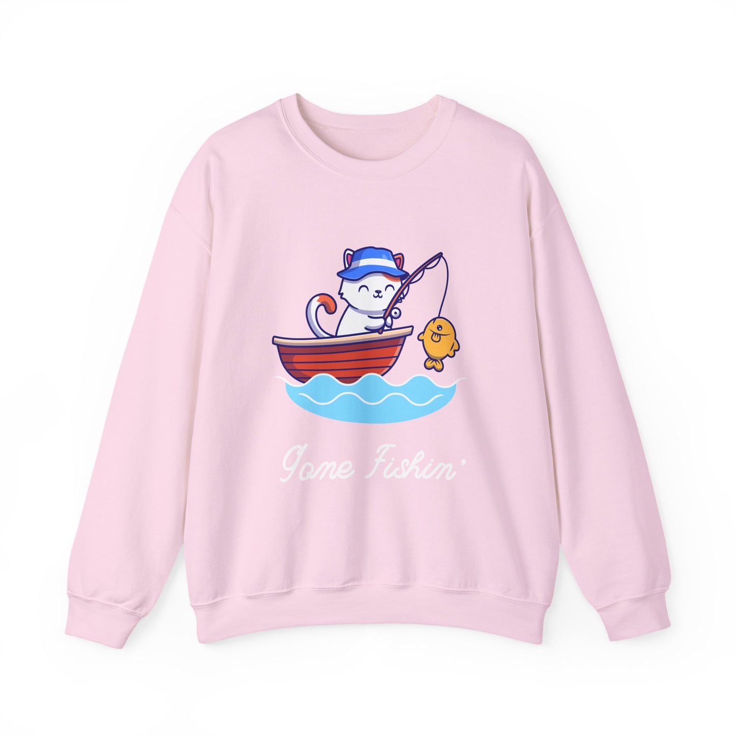 Gone Fishing Sweatshirt – Cat in Boat Crew Neck for Cat Lovers