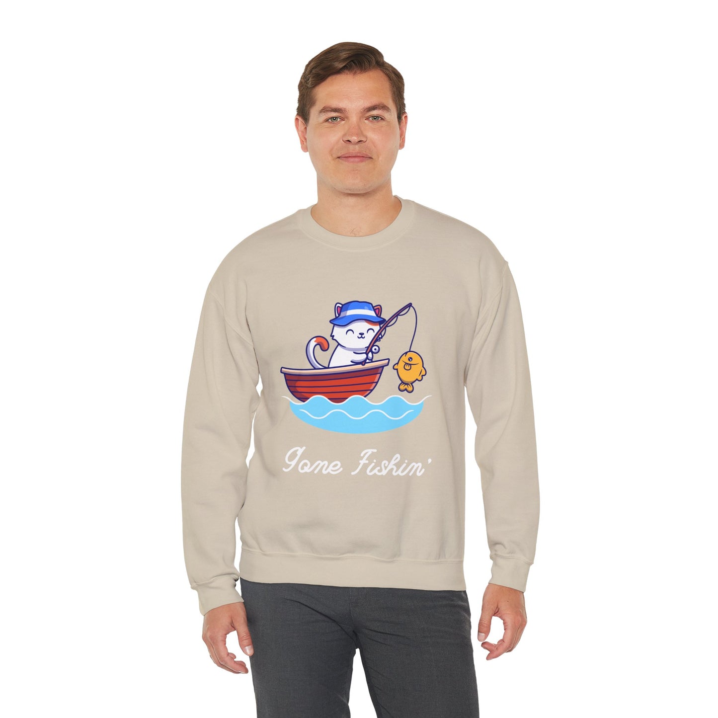 Gone Fishing Sweatshirt – Cat in Boat Crew Neck for Cat Lovers