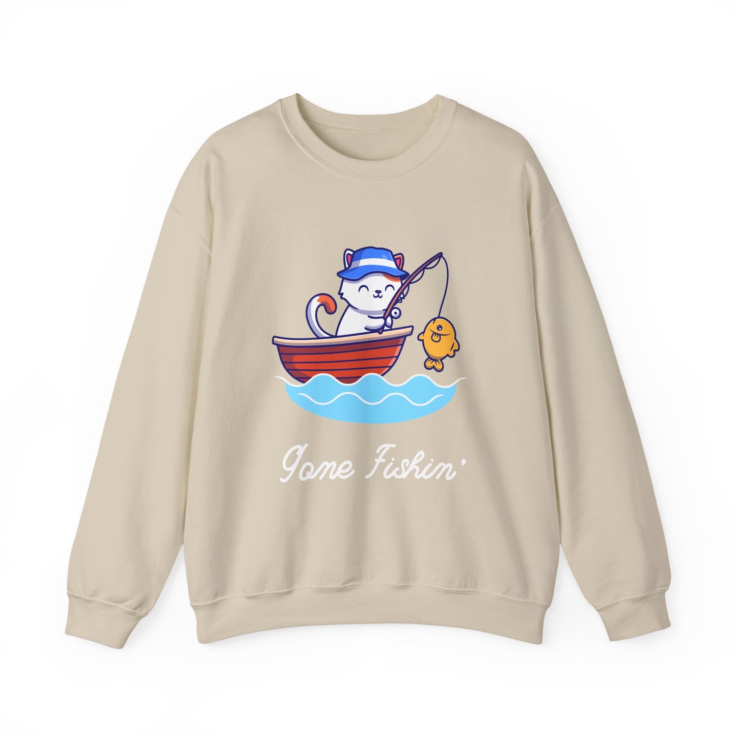 Gone Fishing Sweatshirt – Cat in Boat Crew Neck for Cat Lovers