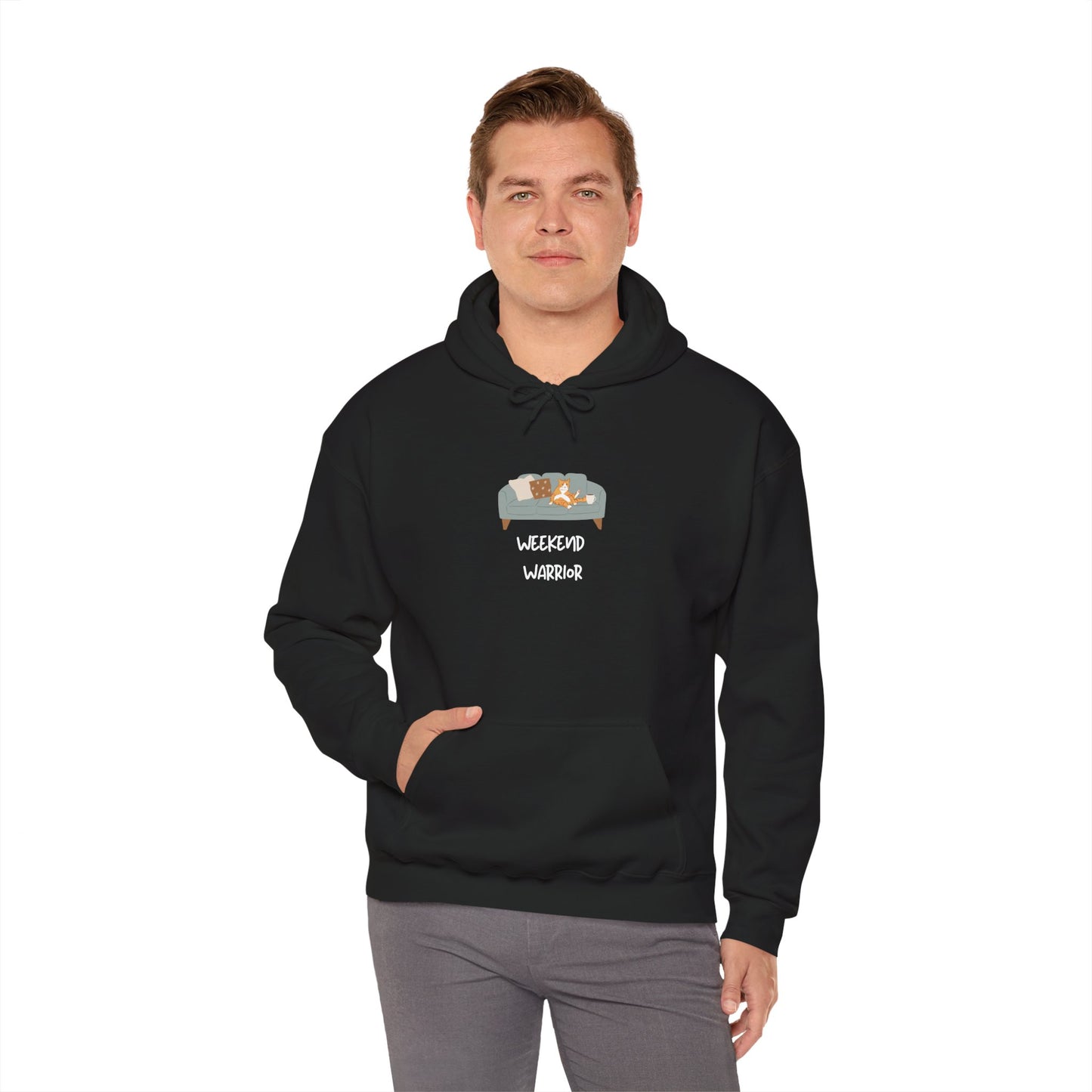 Weekend Warrior Hoodie – Lounging Cat Couch Graphic Sweatshirt