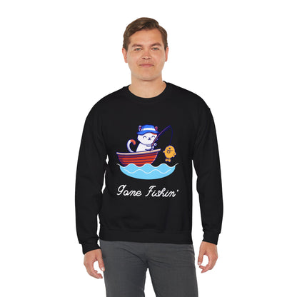 Gone Fishing Sweatshirt – Cat in Boat Crew Neck for Cat Lovers