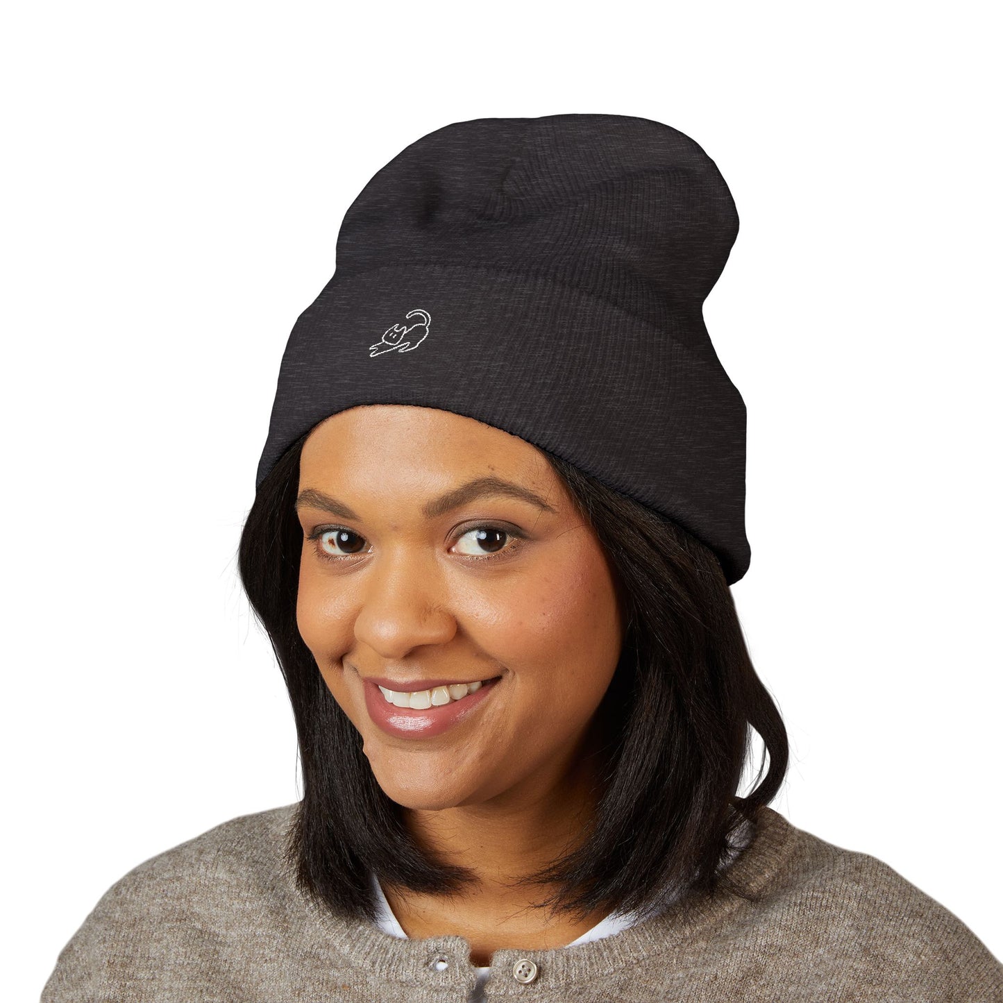 Stretching Cat Beanie – Embroidered Cuffed Knit Hat